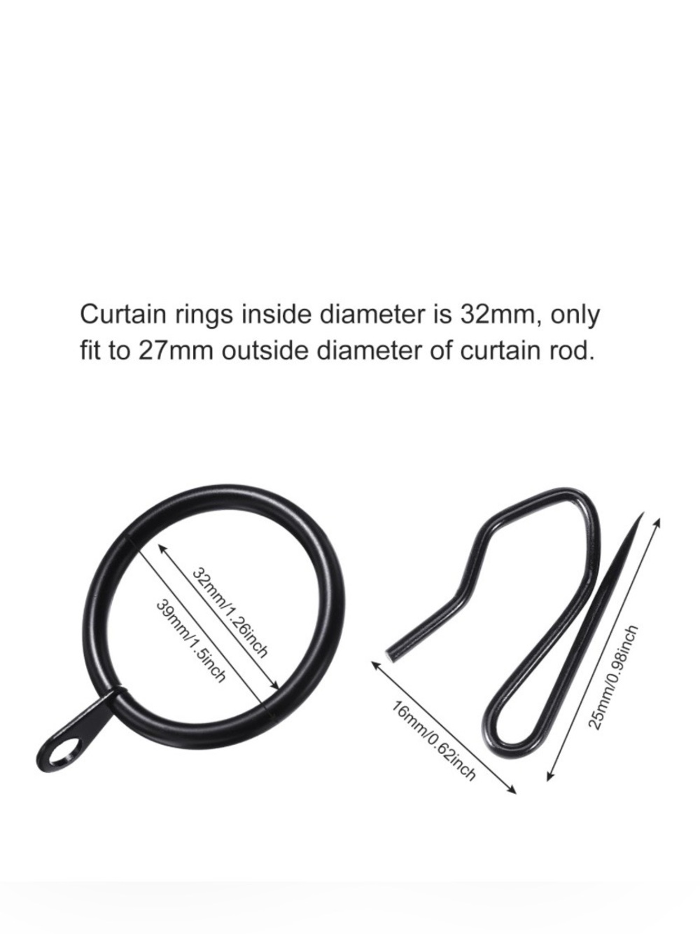 Black Metal Curtain Rings with Hooks (30pc)